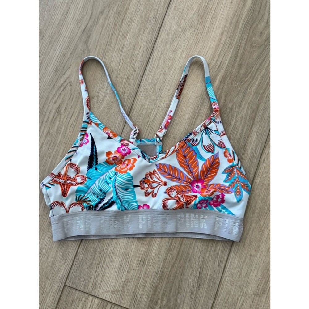 PINK VS White Floral Bra; Teal & Orange; Adj Straps;Size Small